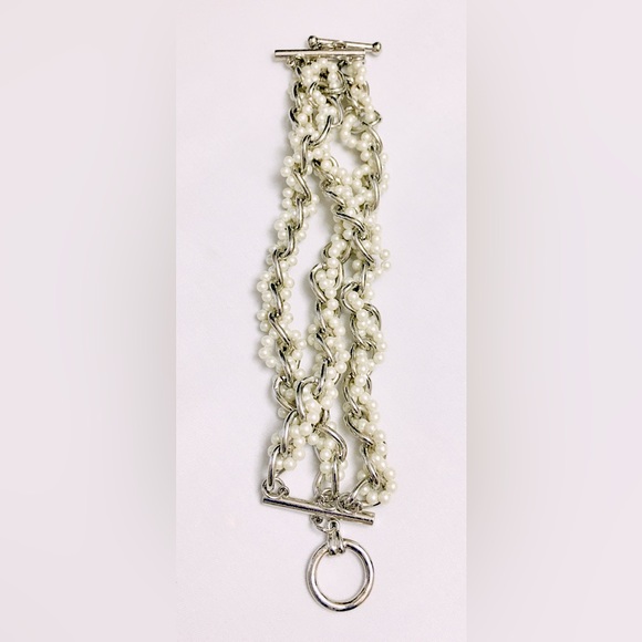 Silver Tone Faux Pearl Braided Bracelet - Picture 3 of 6